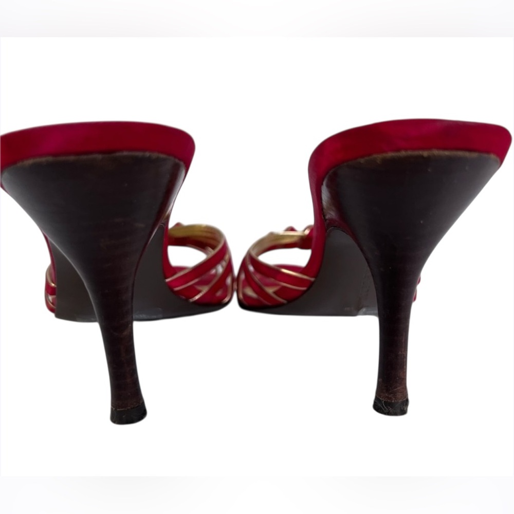 Sam & Libby Red/Gold Crisscross Christmas Holiday Strapless Heels Size 6.5 - Picture 5 of 8